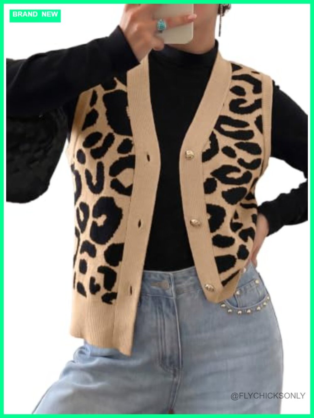 Leopard Print Sleeveless V Neck Cardigan Vest Knit Midi Layer